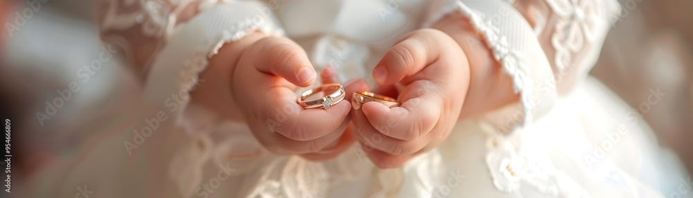 Infant Hands Holding Wedding Rings Signifying the Lifelong Journey of Love and Family Infant Hands Holding Wedding Rings Signifying the Lifelong Journey of Love and Family