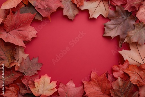 Autumn frame border of maple leaves on red background. Happy Thanksgiving Day, Halloween, Harvest concept with generative ai