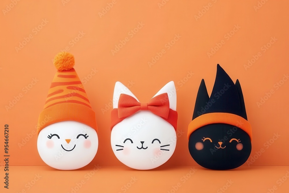Fototapeta premium Whimsical characters with playful expressions, featuring a snowman, cat, and monster adorned with vibrant hats against an orange backdrop.
