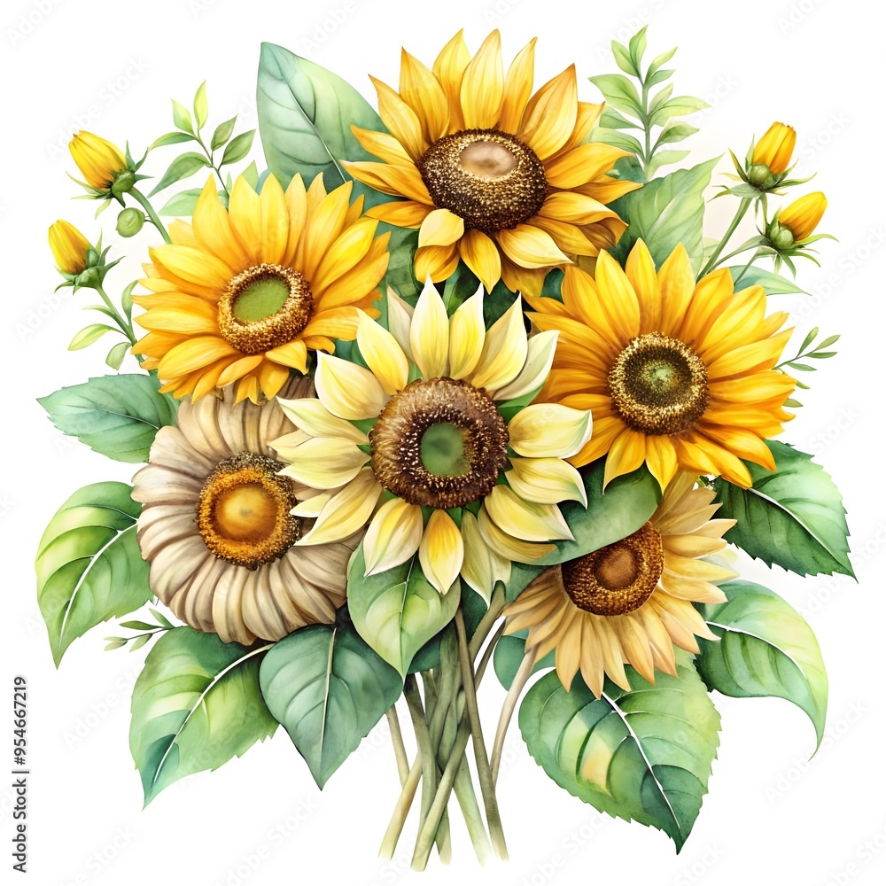 Obraz premium hand painted watercolor sunflowers bouquets with g