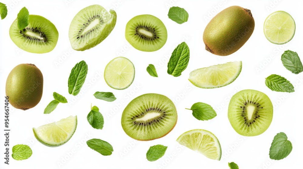 Flying fresh raw whole and sliced kiwi, lime and mint leaves on white background. Falling fruits Flying fresh raw whole and sliced kiwi, lime and mint leaves on white background. Falling fruits