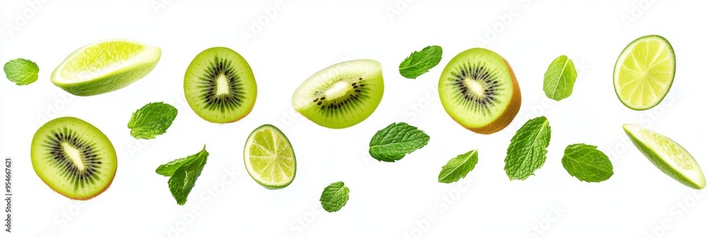Flying fresh raw whole and sliced kiwi, lime and mint leaves on white background. Falling fruits Flying fresh raw whole and sliced kiwi, lime and mint leaves on white background. Falling fruits