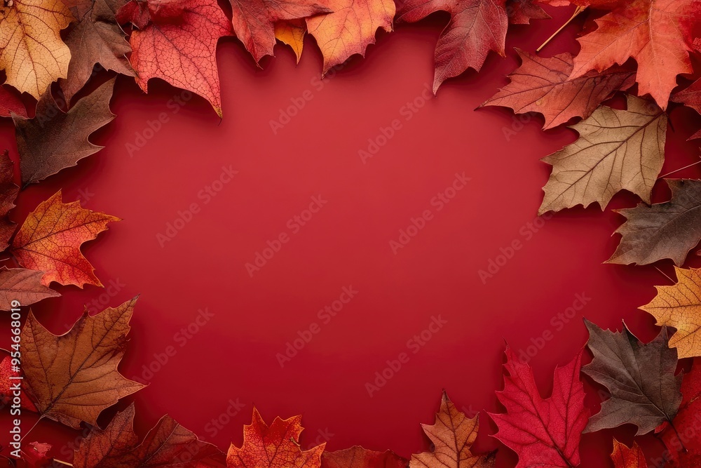 Autumn frame border of maple leaves on red background. Happy Thanksgiving Day, Halloween, Harvest concept with generative ai Autumn frame border of maple leaves on red background. Happy Thanksgiving Day, Halloween, Harvest concept with generative ai