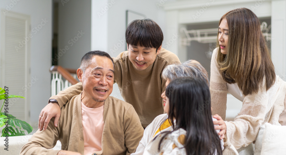 Fototapeta premium Portrait of happy love family asian father and mother playing with adorable asian kid girl.daughter, care, insurance.Happy family moments good time love with grandparents.Love of big family
