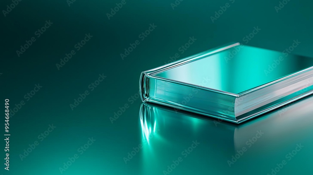 A single book with a reflective, teal cover sits on a teal surface. A single book with a reflective, teal cover sits on a teal surface.