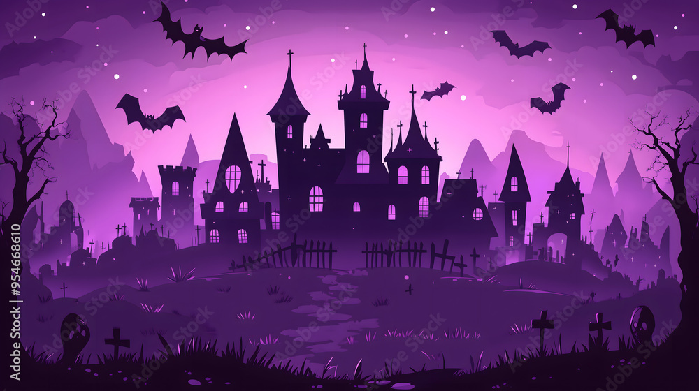 Ilustración en tonos morados de un castillo embrujado con murciélagos en una noche de Halloween Ilustración en tonos morados de un castillo embrujado con murciélagos en una noche de Halloween