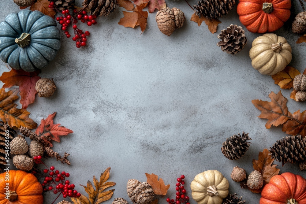 Fototapeta premium Autumn holiday frame from decorative pumpkins, dried foliage, red berry, pinecones and acorns top view. Thanksgiving day, harvest, autumn and fall background top view with generative ai