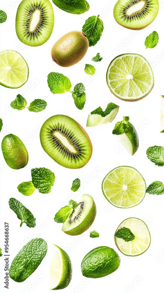 Flying fresh raw whole and sliced kiwi, lime and mint leaves on white background. Falling fruits Flying fresh raw whole and sliced kiwi, lime and mint leaves on white background. Falling fruits