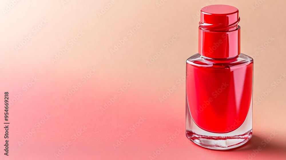 Red nail polish bottle on a peach background. Red nail polish bottle on a peach background.