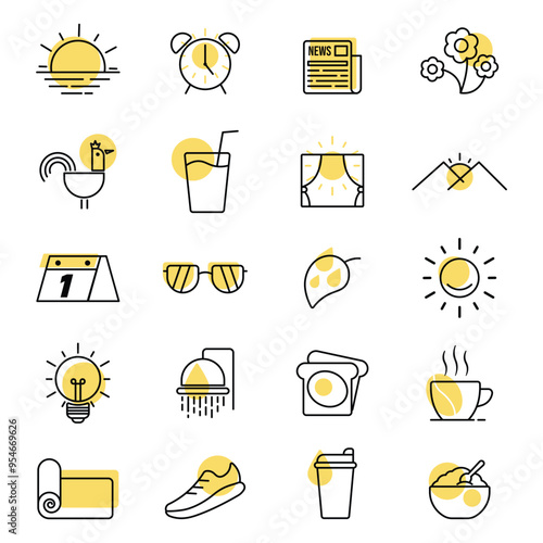 Set of morning icon black and yellow color editable stroke