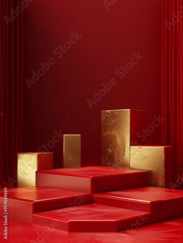 New Year's podium red and gold. podium of red and gold colors of Chinese theme. red background podium, 3D spring flower, product beauty,  photo