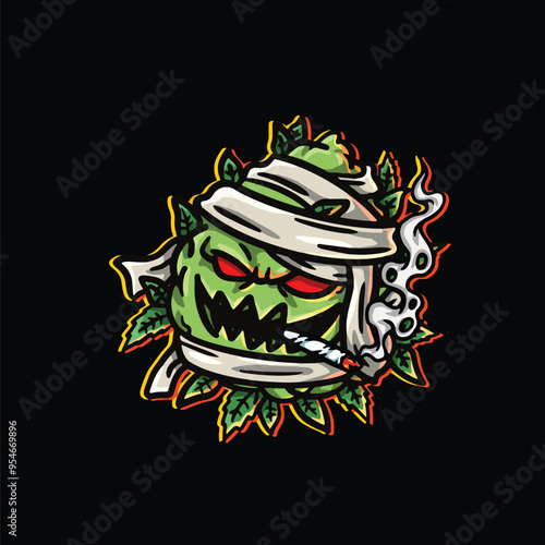 weed smoking character cartoon mascot logo leaf face happy with holding blunt