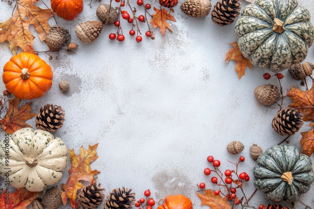 Autumn holiday frame from decorative pumpkins, dried foliage, red berry, pinecones and acorns top view. Thanksgiving day, harvest, autumn and fall background top view with generative ai Autumn holiday frame from decorative pumpkins, dried foliage, red berry, pinecones and acorns top view. Thanksgiving day, harvest, autumn and fall background top view with generative ai