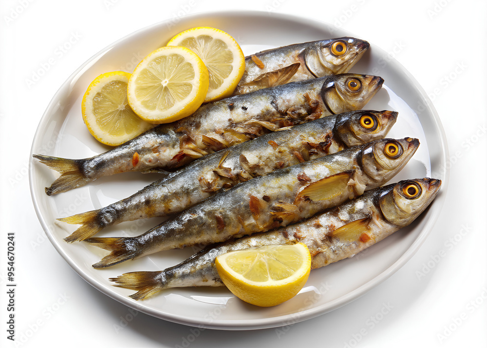 Grilled sardines on a plate with lemon slices, brain-healthy diet concept, isolated on white background. Clipping path Grilled sardines on a plate with lemon slices, brain-healthy diet concept, isolated on white background. Clipping path