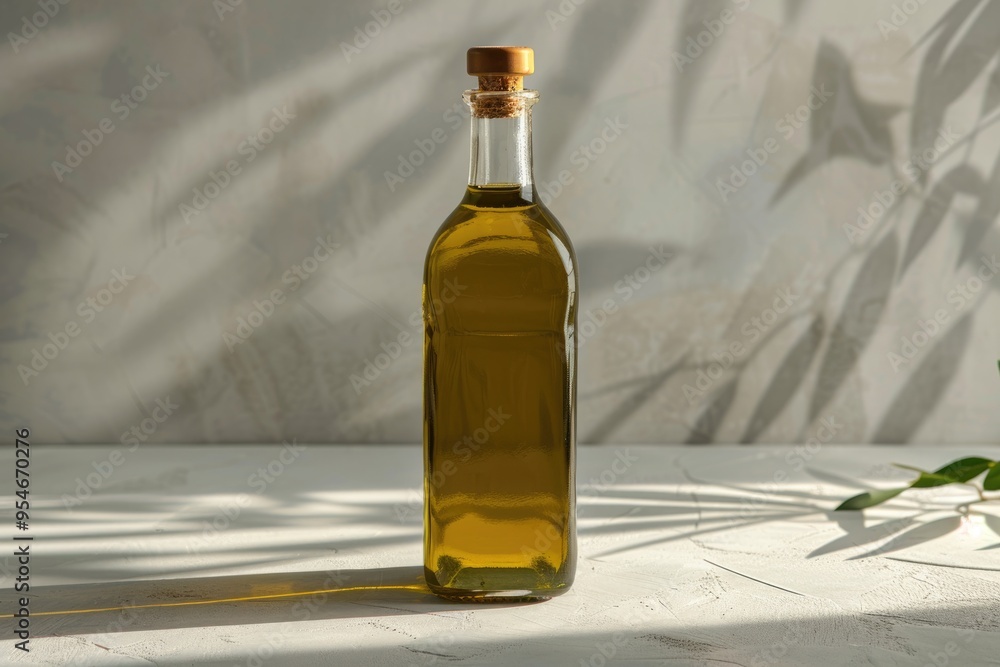 Glass Bottle with Olive Oil Against Minimalist Sunlit Background Glass Bottle with Olive Oil Against Minimalist Sunlit Background