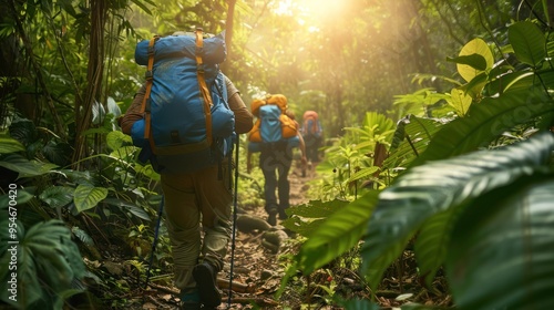 campers hiking with backpacks and gear through a lush, green trail, capturing the spirit of outdoor adventure.