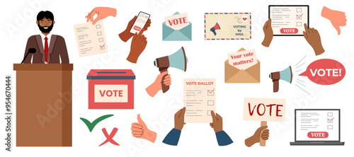 Set of vote elements isolated on white. Voting concept.  Election campaign. Democracy vote. Vote politics.	
