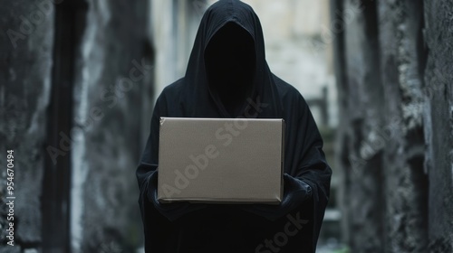 A faceless figure in a black robe holds a mysterious delivery box, evoking a sense of fraud or crime. Dark and suspenseful. photo