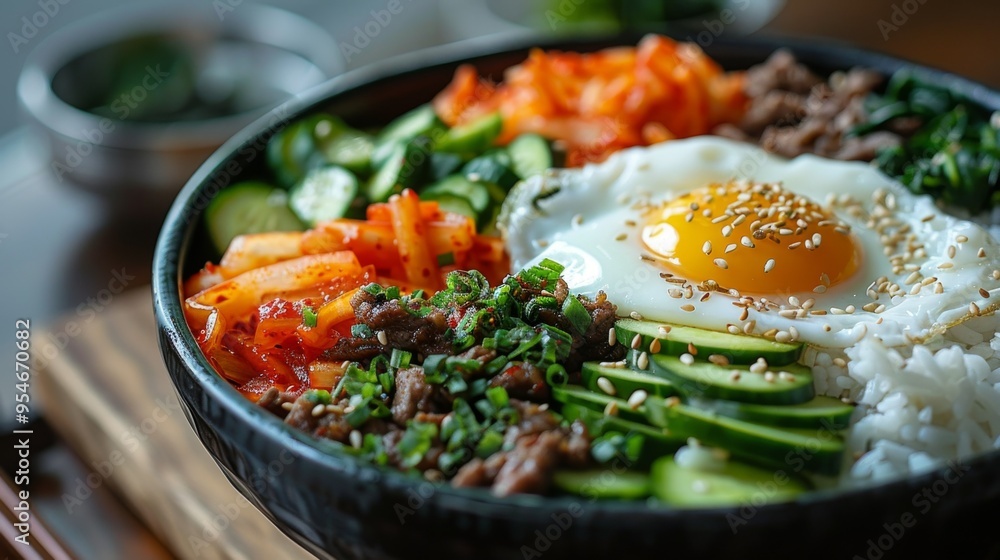 Korean Bibimbap: A serving of Bibimbap with fried meat, egg, and vegetables. Korean Bibimbap: A serving of Bibimbap with fried meat, egg, and vegetables.