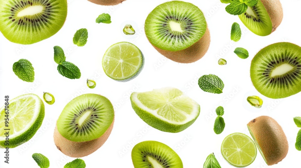 Flying fresh raw whole and sliced kiwi, lime and mint leaves on white background. Falling fruits Flying fresh raw whole and sliced kiwi, lime and mint leaves on white background. Falling fruits