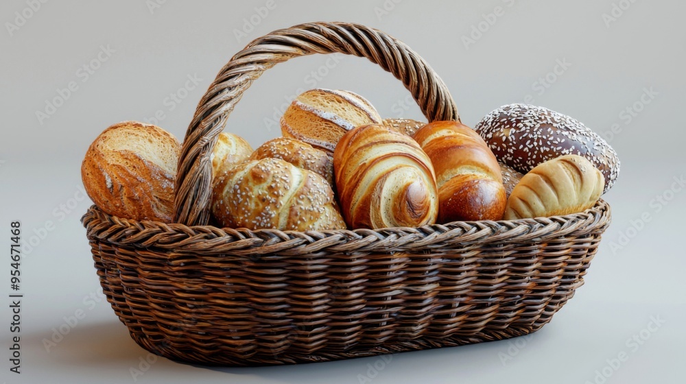 Wicker Basket of Freshly Baked Bread: A rustic wicker basket overflowing with a variety of freshly baked bread rolls, perfect for a cozy breakfast or a delightful afternoon snack. The golden-brown cru Wicker Basket of Freshly Baked Bread: A rustic wicker basket overflowing with a variety of freshly baked bread rolls, perfect for a cozy breakfast or a delightful afternoon snack. The golden-brown cru