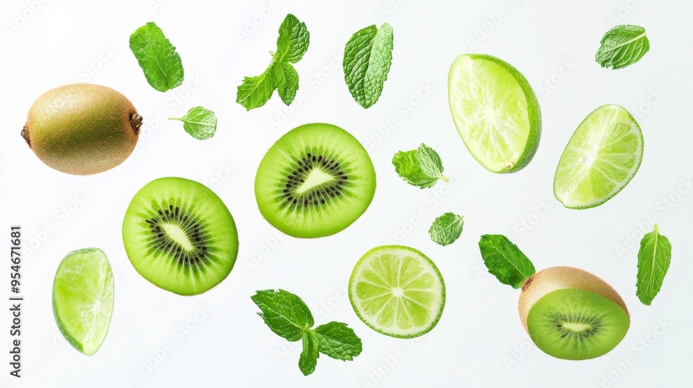 Flying fresh raw whole and sliced kiwi, lime and mint leaves on white background. Falling fruits Flying fresh raw whole and sliced kiwi, lime and mint leaves on white background. Falling fruits