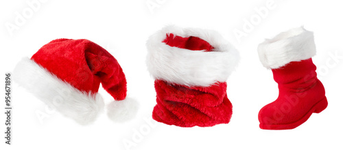 Christmas Santa hat, bag or Christmas stocking and boot isolated on white background.