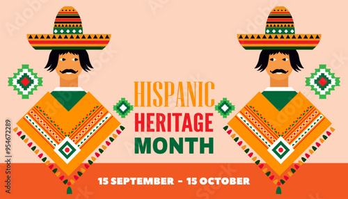 National hispanic heritage month banner with latin geometrical patterns, mexican flowers, guitar, bright colored decor	
