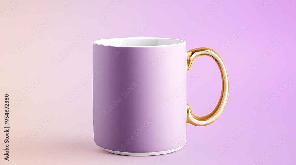 Purple ceramic mug with gold handle on gradient background. Purple ceramic mug with gold handle on gradient background.