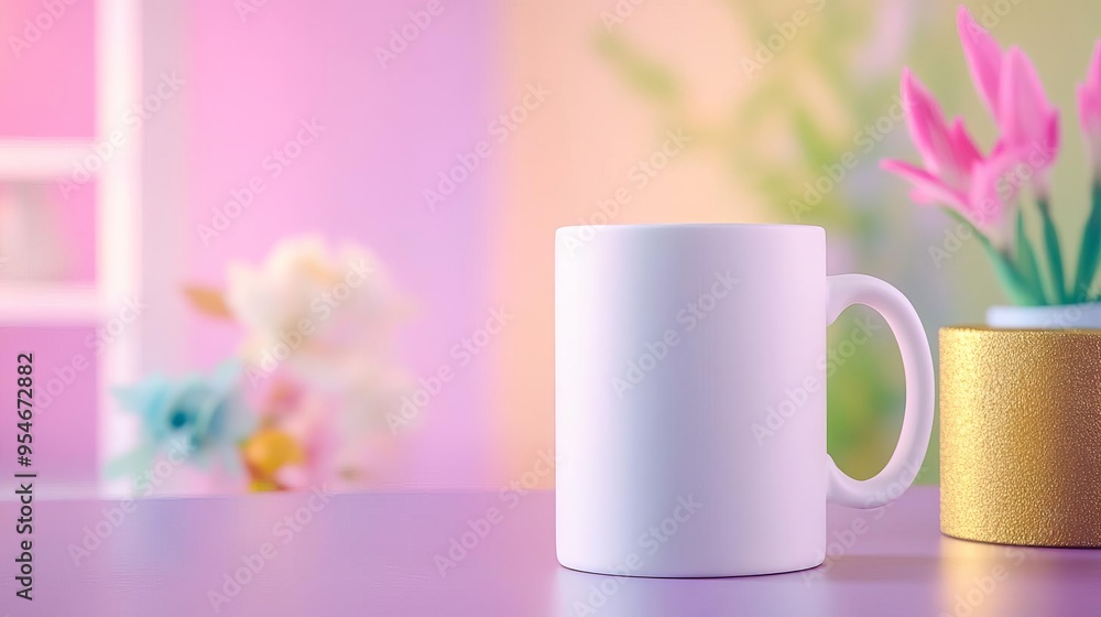 Blank white mug on purple table with blurred background. Blank white mug on purple table with blurred background.