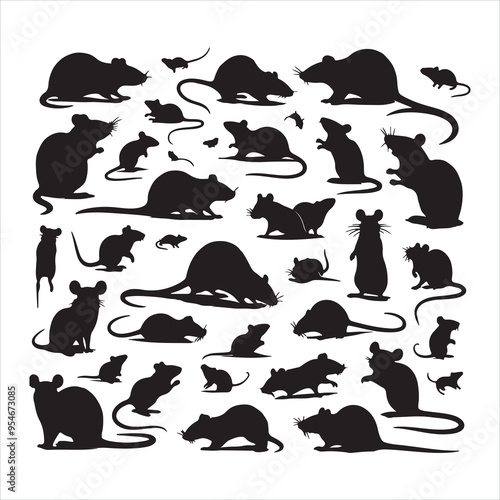 Rat and mouse collection silhouette on white background
