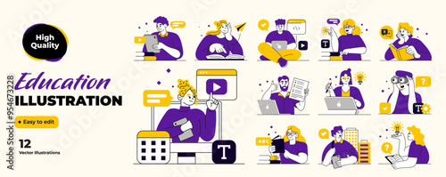 Educational and Self-Development Concept Illustrations. Different people inolved in education process. Concept for trainings, seminars, back to school, online courses. Vector illustration