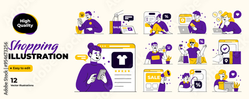 Shopping concept illustrations. Set of flat design vector illustrations of men and women in various activities of online shopping, ecommerce, sale, product order and delivery.