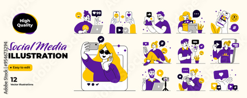 Social Media illustration set. Characters holding smartphones, digital devices, using mobile apps, social media, internet for online communication. Flat vector illustration isolated on white backgroun