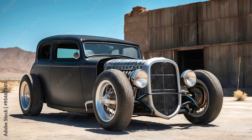 Beautiful unique black vintage hot rat rod car, automotive background, tuning template, wallpaper, auto transport