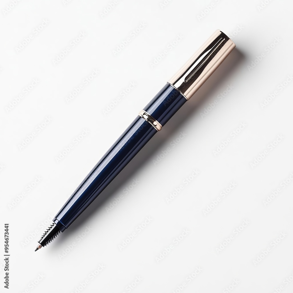 Eyeliner pen mockup, sleek metallic finish, deep navy blue, refined tip design, detailed texture, bright and clear lighting, isolated on white background, no shadows on background Eyeliner pen mockup, sleek metallic finish, deep navy blue, refined tip design, detailed texture, bright and clear lighting, isolated on white background, no shadows on background