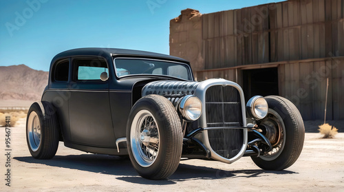Obraz na płótnie Beautiful unique black vintage hot rat rod car, automotive background, tuning template, wallpaper, auto transport w salonie