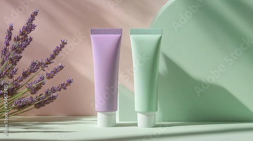 Wallpaper Mural Elegant skincare tube packaging mockup with soft lighting and two-tone gradient background, lavender and mint green, have large negative space for text Torontodigital.ca