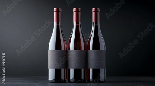 Four bottles of red wine on a dark background. photo