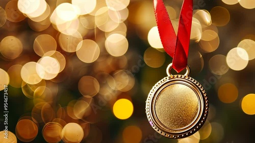 Gold medal with red ribbon against bokeh lights, celebration concept
