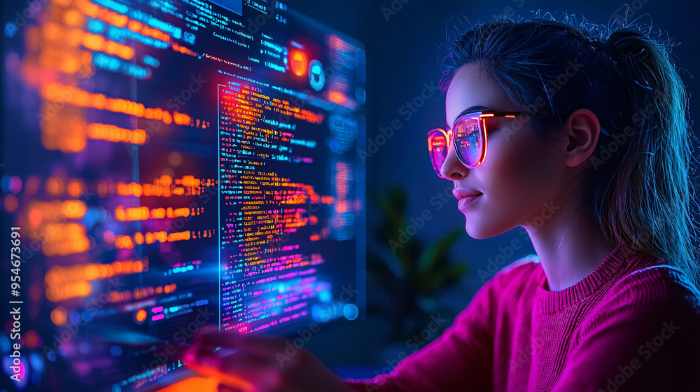 A focused individual coding at a brightly lit computer screen, surrounded by colorful digital graphics and data, symbolizing technology. A focused individual coding at a brightly lit computer screen, surrounded by colorful digital graphics and data, symbolizing technology.