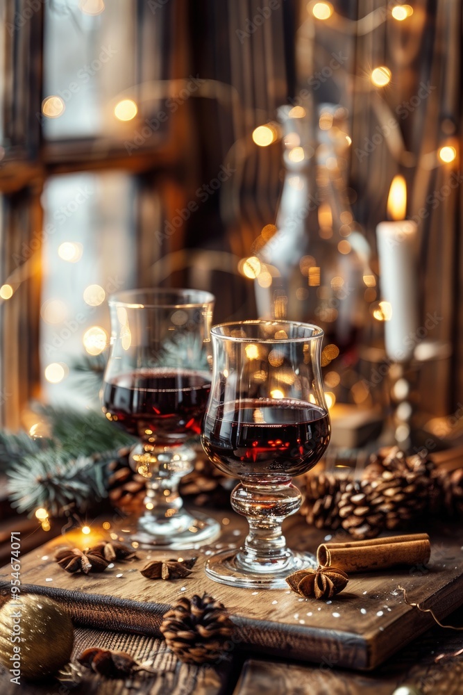 Fototapeta premium Cozy Winter Scene: Mulled Wine with Holiday Decor, Cinnamon Sticks, Pinecones, and Warm Lighting