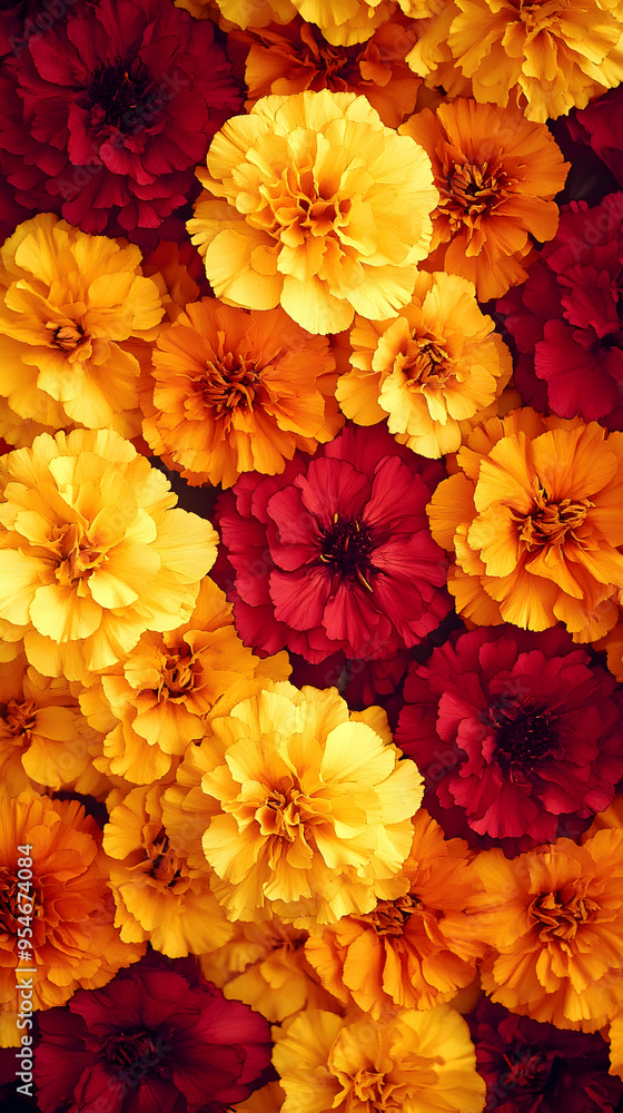 Close-up of vibrant yellow and red marigold flowers. Close-up of vibrant yellow and red marigold flowers.
