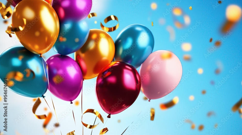 A colorful collection of balloons floating amidst a bright blue sky, celebrating joy and festivity with confetti. A colorful collection of balloons floating amidst a bright blue sky, celebrating joy and festivity with confetti.