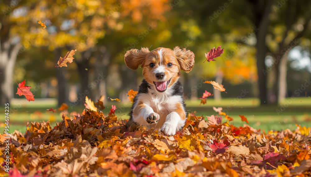 A playful puppy leaps joyfully through a pile of colorful autumn leaves in a vibrant park setting. A playful puppy leaps joyfully through a pile of colorful autumn leaves in a vibrant park setting.