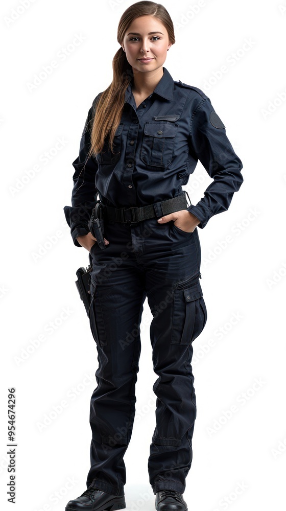 A full-body shot of a female police officer in uniform, standing confidently and smiling at the camera, with a transparent background, ideal for use in various design projects or media content. A full-body shot of a female police officer in uniform, standing confidently and smiling at the camera, with a transparent background, ideal for use in various design projects or media content.