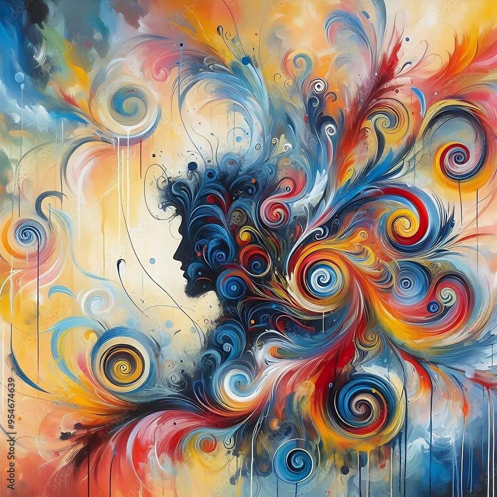 A colorful painting of a woman with swirls and circles. The painting is full of vibrant colors and has a dreamy, whimsical feel to it. The woman's face is the focal point of the painting A colorful painting of a woman with swirls and circles. The painting is full of vibrant colors and has a dreamy, whimsical feel to it. The woman's face is the focal point of the painting