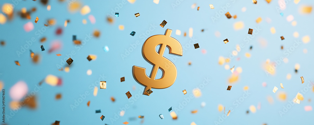 A vibrant dollar sign amidst a burst of colorful confetti on a blue background, symbolizing celebration and prosperity. A vibrant dollar sign amidst a burst of colorful confetti on a blue background, symbolizing celebration and prosperity.