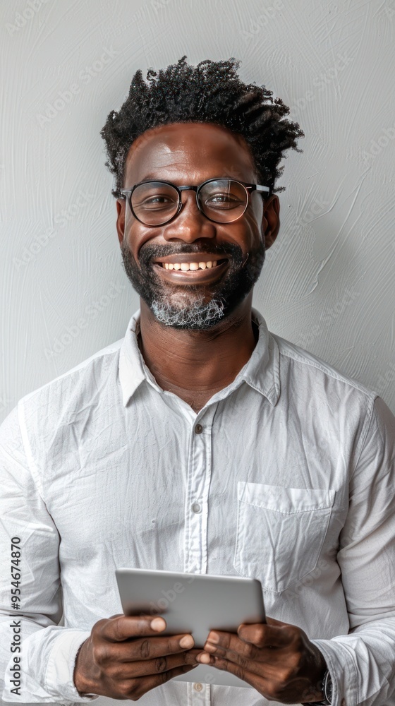 A male university professor with a warm smile, holding a tablet in both hands, standing confidently against a white background, representing the integration of technology in modern education. A male university professor with a warm smile, holding a tablet in both hands, standing confidently against a white background, representing the integration of technology in modern education.