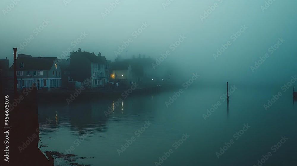 Mysterious Foggy Harbor Town at Dusk Mysterious Foggy Harbor Town at Dusk